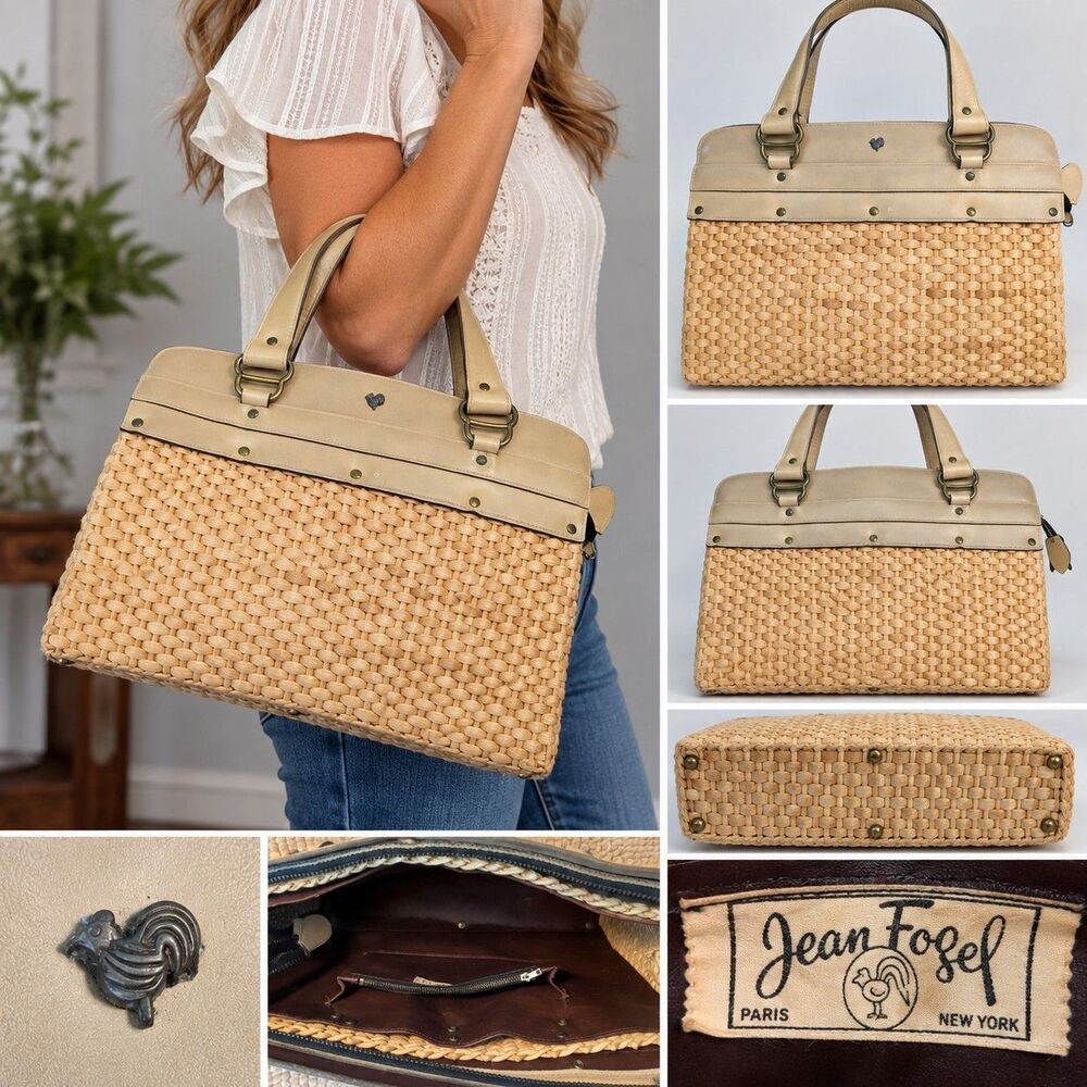 Vintage 60s Jean Fogel Woven Straw Leather Handbag Rooster Resort Purse MCM